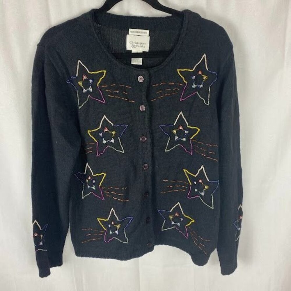 Christopher & Banks‎ Hand Embroidered Star Cardigan Black Sweater women's M